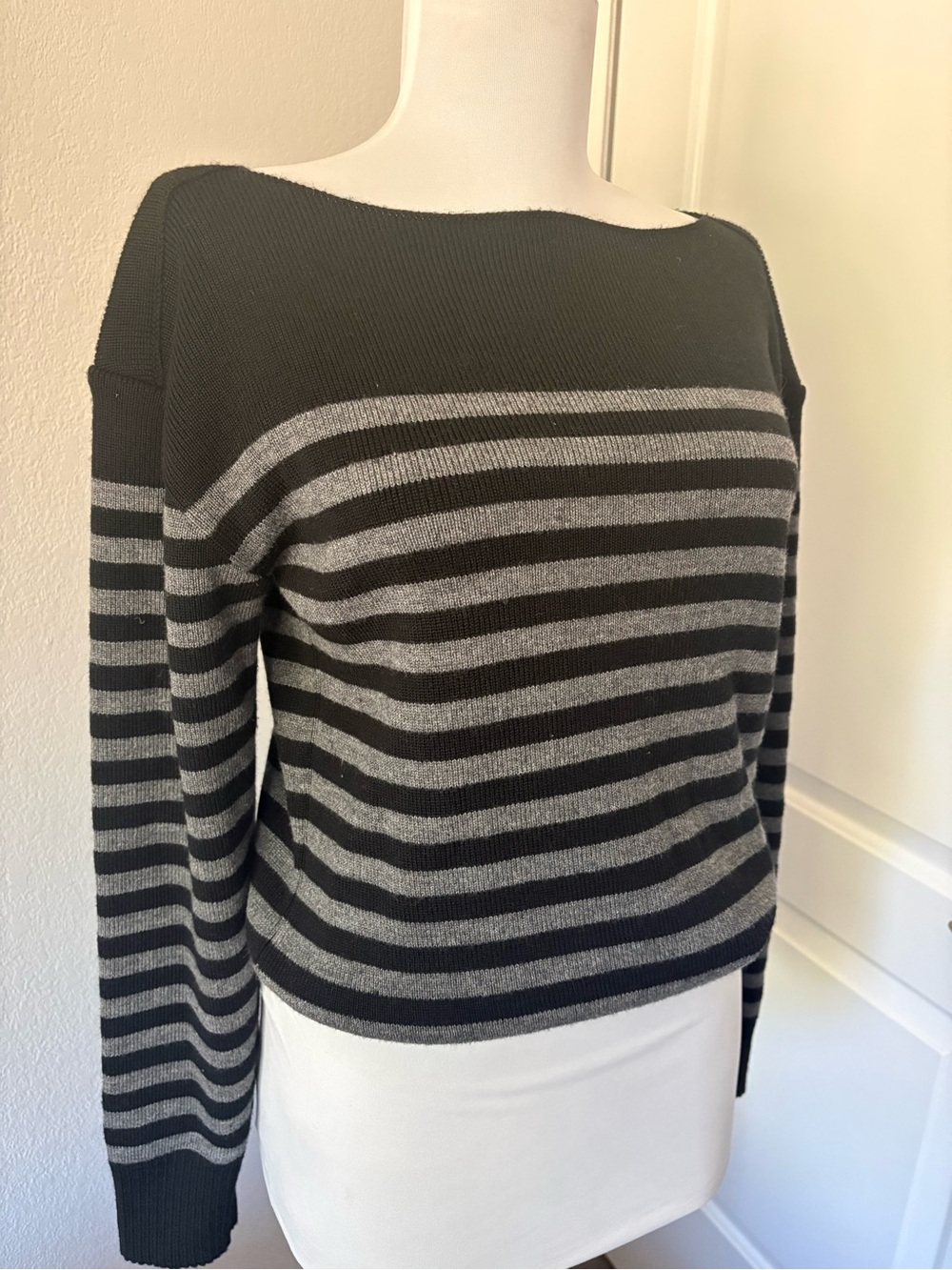 Agnes B. Boatneck grey black striped sweater size M